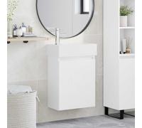 Tonture Mobile sottolavabo da bagno bianco in legno con lavabo in ceramica e miscelatore, montaggio a parete, vano portaoggetti con cassetto e porta reversibile, per mobili da bagno e lavanderia