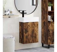 Tonture Mobile sottolavabo da bagno con lavabo e miscelatore nero, in legno di rovere affumicato, 45,5 x 22,5 x 84 cm, con vano portaoggetti, anta