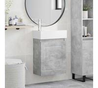 Tonture Mobile sottolavabo da bagno grigio cemento con lavabo in ceramica e rubinetto miscelatore, 45,5 x 22,5 x 84 cm, montaggio a parete, porta reversibile, mobile da bagno moderno per bagno e WC