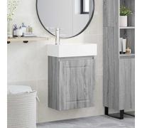 Tonture Mobile sottolavabo da bagno grigio Sonoma con lavabo in ceramica e rubinetto miscelatore, 45,5 x 22,5 x 84 cm, montaggio a parete, porta reversibile per mobili da bagno e lavanderia
