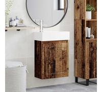 Tonture Mobile sottolavabo da bagno in legno anticato con lavabo in ceramica e rubinetto miscelatore, 45,5 x 22,5 x 84 cm, montaggio a parete, contenitore con cassetto e porta, mobile da bagno moderno