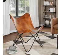 Tonture Poltrona a farfalla marrone in vera pelle, fatta a mano, in ferro resistente, 74 x 66 x 90 cm, per soggiorno, camera da letto, relax, interni