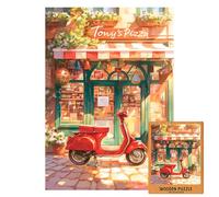 Tony's Pizza Wooden Puzzle | Red Scooter & Italian Pizzeria Scene | Cozy Street Jigsaw for Adults | Warm Sunlight Retro Art Puzzle | 1000 (S-50PECES)