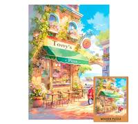 Tony's Pizza Wooden Puzzle | Sunny Italian Café by The Sea with Scooter | Retro Coastal Vibes | Art Puzzle for Adults | Mediterranean Scene (XXL-1000PECES)