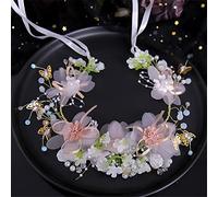 TONZN Cerchietto per Capelli con Velo di Fiori Bianchi Rosa, Bracciale con Perle e Cristalli, Accessori per Capelli da Sposa con Nastro a Farfalla (Oro 1 pz (1 Confezione))