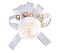 TONZN Fiore da polso con nastro rosa e braccialetto con fiore da polso per damigella d'onore in argento avorio (set misto avorio)