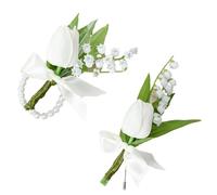 TONZN Set di 2 braccialetti da polso con corpetto di mughetto bianco e filo di perle da sposa, braccialetti da polso per damigella d'onore (set misto di 2)