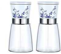 TONZN Set di agitatori per Sale e Pepe con Corpo in Vetro, Confezione Ruvida in Ceramica Regolabile con 2 Tipi di Polvere di Sale e Pepe, griglia in Porcellana Bianca e Blu, macina Sale e macina Pepe
