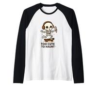 Too Cute To Haunt Skeleton Skateboard, Bastoncini di Zucchero per Halloween Maglia con Maniche Raglan