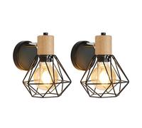 Toolight 2 Pezzi Applique da Parete Vintage E27 Legno Metallo Ferro | Applique da Parete 360°, Lampada a Muro E27 con Gabbia in Ferro per Camera da Letto Corridoio Soggiorno, Max 60W