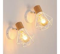 Toolight 2 Pezzi Lampada da Parete Vintage, 350° Girevole Applique da Parete in Legno, Lampada a Muro in Metallo Design Gabbia Industriale E27 per Corridoio Soggiorno Camera da Letto, Max 60W, Bianco