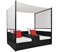 toolkix Lettino da giardino con baldacchino nero, 190 x 130 cm, in polyrattan, tettuccio parasole regolabile, resistente alle intemperie, con cuscino, doppio lettino per terrazza, balcone, lounge