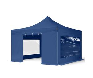 TOOLPORT 4x4 m gazebo pieghevole con laterali (finestre panoramiche), PREMIUM acciaio, blu scuro - (600092)