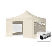 TOOLPORT 4x4m gazebo pieghevole PES con laterali (finestre panoramiche), PROFESSIONAL alluminio, crema - (600183)