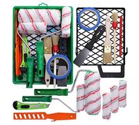 ToolSpace 17 Pezzi Set - Rullo Pittura Kit 18 cm - Rulli 4 x 11 cm Manico - Pennello 36 mm Tondo 20 mm e Vaschetta Griglia - Telo Protettivo Nastro Blu - Asta per Mescolare Taglierino Matita Spatola