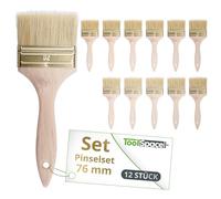 ToolSpace Pennelli Piatti Set 12 Pezzi 76 Mm Per Pittura Vernici Smalto Mordente Impregnante Acrilico Pareti Mobili Legno Porte Finestre Finiture Casa Hobby Setole Naturali Manico In Legno Di Faggio