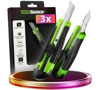 ToolSpace Taglierino Professionale 18 mm Set 3 Pezzi - Coltello Segmentato Lama Carbonio Guida Metallo Rotella Bloccaggio - Manico Antiscivolo per Cartone Moquette Plastica Fai da Te Cantiere Ufficio