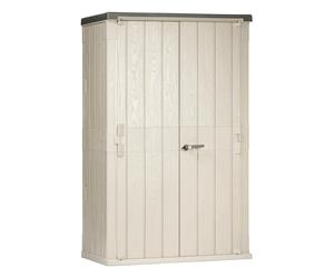 TOOMAX High Stora Way Capanno da 1670L, in plastica resistente effetto legno 130x75,6x206,2h cm, colore grigio talpa/antracite, baule portattrezzi con doppia anta e maniglione, ideale per il giardino