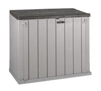 TOOMAX Stora Way Baule da 842L portattrezzi effetto legno grigio talpa/marrone in plastica resistente 129,5x74,5x111h cm, porta bidoni spazzatura, con chiusura a chiavistello, ideale per giardino