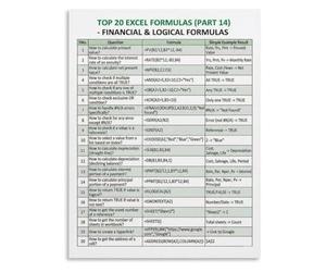 Top 20 Excel Financial and Logical Formulas Quick Reference Poster Accountant Analyst Study Room Wall Decor(Unframed,08x12inch(20x30cm))