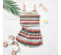 Top a canotta a maglia jacquard per ragazze Tween + pantaloncini a vita elastica, abbigliamento da vacanza 6Y,7Y,8Y,9Y,10Y,11-12Y,13-14YZigzag,Blocchi di colore,Geometrico,A strisce,Tribale,stampa dap