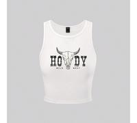 Top a canotta con stampa di testo collo rotondo per l'estate "WILD WEST" L,M,S,XLRitratto,Lettere,sloganTessuto