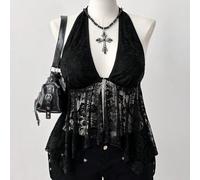 Top a canottiera oversize da donna, con spalline sottili asimmetriche, in pizzo a-line, traforato, con stampa di ragno finta, stile punk retrò casual da strada, adatto per primavera/estate 0XL,1XL,2XL