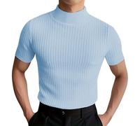 Top a collo alto da uomo a maniche corte a coste camicie a collo alto collo alto autunno pullover termico intimo strato base, Blu Mock Neck Top Per Uomo, 3XL