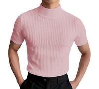 Top a collo alto da uomo a maniche corte a coste camicie a collo alto collo alto autunno pullover termico intimo strato base, Top rosa con collo a lupetto per uomo, 3XL