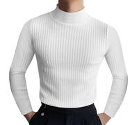 Top a collo alto da uomo a maniche lunghe a coste camicie a collo alto collo alto autunno pullover termico intimo strato base, Bianco Mock Neck Top Per Uomo, XXL
