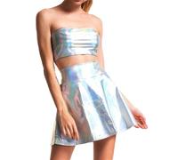 Top a due pezzi metallizzato olografico da donna a collo alto e minigonna plissettata, 1, XL