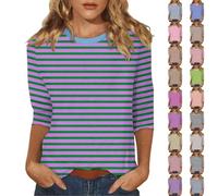 Top a maniche a 3/4, da donna, estivo, a righe, con scollo rotondo, a righe, casual, casual, casual, a righe, elegante, a tre quarti di lunghezza, Verde menta, 5XL