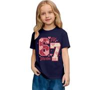 Top a maniche corte casual da ragazza con stampa grafica, taglio largo, comoda maglietta da gioco per bambini, Blu scuro, 6-7 Anni