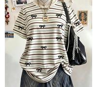 Top a maniche corte con motivo a righe digitali per ragazze adolescenti, casual e comodo per la primavera/estate, outfit versatile estivo, adatto per sport all'aperto, picnic all'aperto, fotografia di