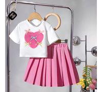 Top a maniche corte con stampa grafica a cuore e gonna plissettata in colore unico per ragazze pre-adolescenti 8Y,9Y,10Y,11Y,12YAnimale,Fumetto,LetterePoliestere,Tessuto in maglia