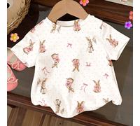 Top a maniche corte e girocollo da bambina in stile minimalista casual, con grafica carina a fiocco e orecchie da coniglio, adatto per l'estate 6-9M,9-12M,12-18M,18-24M,2-3YAnimale,Fumetto,Geometrico,