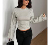Top a maniche lunghe casual, da appuntamento e da strada, con vita stretta e colori a contrasto, stile minimalista di alta gamma, a righe bianche e nere con maniche ampie e svasate, adatto per la prim