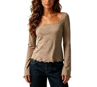Top a Maniche Lunghe con Scollo Quadrato, in Maglia Elasticizzata, vestibil | Magliette Donna Comode Donne Comode Cappuccio Portafoglio Canottiera Chiaro Sembrava Supereroi Interno Parallele Ocra