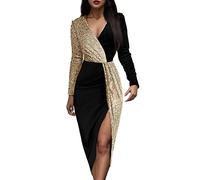 Top a maniche lunghe da donna a due colori nero e oro stile nazionale a vita alta tinta unita temperamento gonna di media lunghezza manica lunga abito floreale maxi abiti, Oro, XXL