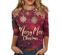 Top a maniche lunghe da donna casual camicie di Natale glitter stampa albero di Natale 3/4 top manica pullover camicetta maglietta stampa lettera donna maglietta top, Magliette di Natale Donna-vino