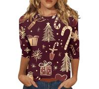 Top a maniche lunghe da donna casual camicie di Natale glitter stampa albero di Natale 3/4 top manica pullover camicetta maglietta stampa lettera donna maglietta top, Magliette natalizie da
