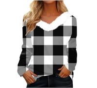 Top a maniche lunghe da donna, elegante, casual, stampato, peluche, scollo a V, camicie delicate, camicetta adatta a maniche lunghe, Nero , XL