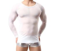 Top a maniche lunghe maschile, sexy See attraverso la maglietta a maglie trasparente per uomini, allenamento di allenamento per palestra slim fit da ginnastica, top a plover rotondo top per discoteca