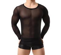 Top a maniche lunghe maschile, sexy See attraverso la maglietta a maglie trasparente per uomini, allenamento di allenamento per palestra slim fit da ginnastica, top a plover rotondo top per discoteca