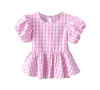 Top a quadri da ragazza a pieghe orlo girocollo maniche corte casual al mare esclusivo per 0 a 6 con nome bambino, Colore: rosa., 12-18 Monate