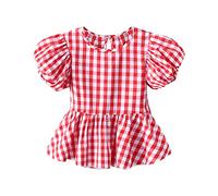 Top a quadri da ragazza a pieghe orlo girocollo maniche corte casual al mare esclusivo per 0 a 6 T Shirt 152, Colore: rosso, 3-4 Jahre