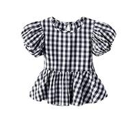 Top a quadri da ragazza a pieghe orlo girocollo maniche corte casual al mare esclusivo per 0 a 6 T Shirt 152, Nero , 3-4 Anni