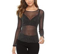 Top a rete a maniche lunghe da donna Camicia a rete trasparente Camicia a t-shirt Top da donna casual Top Camicette a tunica Top a tunica elasticizzato con scollo rotondo Sheer Sexy Top Camicetta