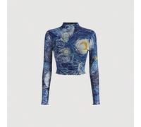 Top a rete con stampa marmorizzata blu a maniche lunghe con collo alto e crop, trasparente, con cielo stellato L,M,S,XL,XS,XXLMarmoTessuto in maglia