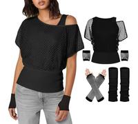 Top a rete da donna per feste, abbigliamento da donna, canotta a rete, maglietta al neon per feste, costume e scaldamuscoli a rete, set tipico da donna